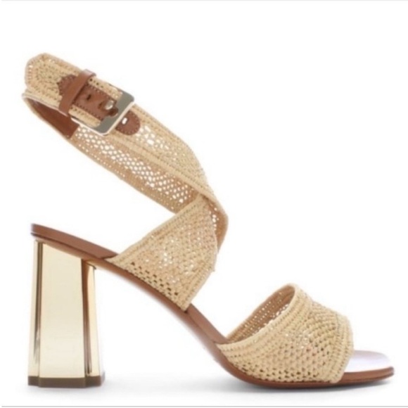 Robert Clergerie Natural Raffia Ankle Wrap Gold Block Heel Sandals 9 - Picture 2 of 9